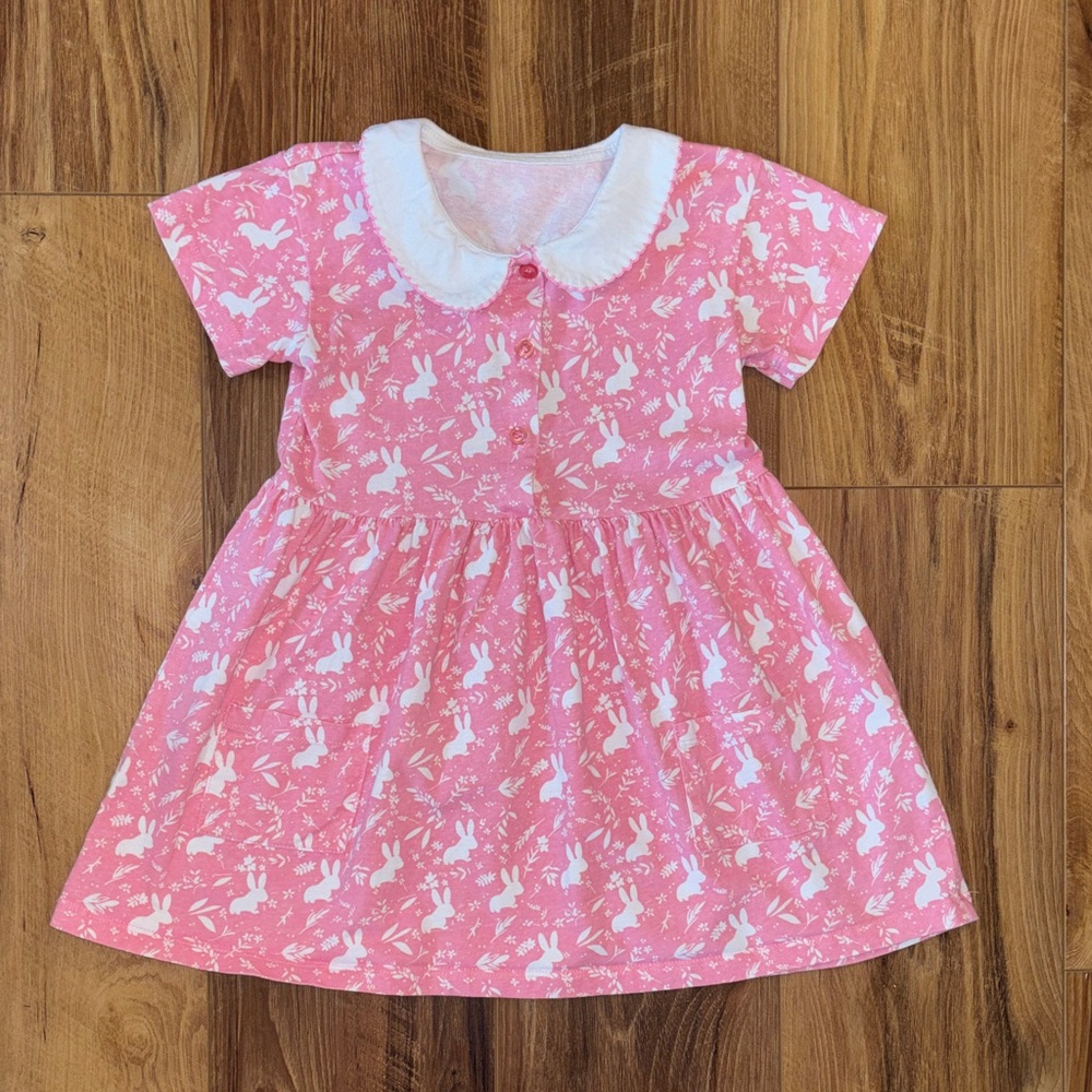 5/$25🌼 Toddler Girls’ Pink and White Bunny Dress with Peter Pan Collar size 4Y